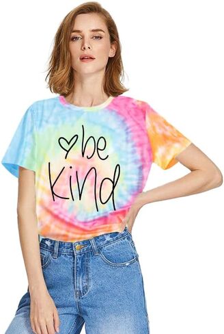 MAIHUN Be Kind Shirt for Women Tie Dye Rainbow T Shirt Inspirational Teacher Tees Tops Blessed Short Sleeve in Kuwait