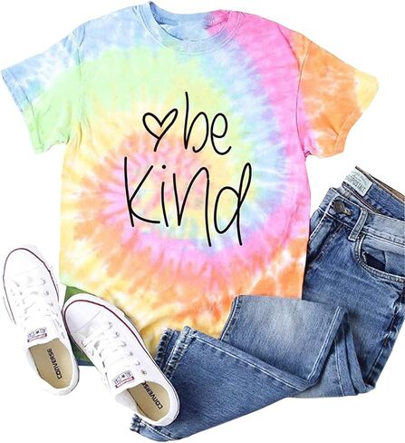 MAIHUN Be Kind Shirt for Women Tie Dye Rainbow T Shirt Inspirational Teacher Tees Tops Blessed Short Sleeve in Kuwait