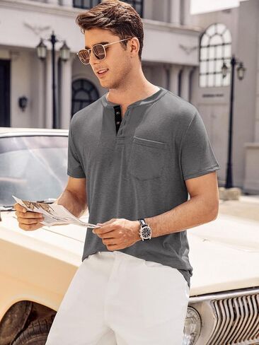 Hardaddy Men's Henley Shirts Short Sleeve Casual Button Up Basic Pocket Tee Shirts in Saudi Arabia