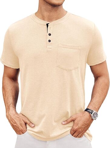 قمصان Henley الرجالية من Hardaddy بأكمام قصيرة كاجوال وأزرار وجيب أساسي in Kuwait