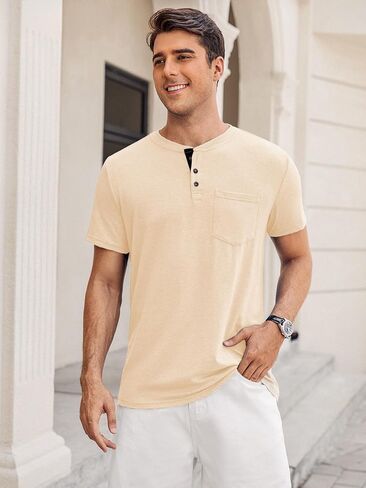 قمصان Henley الرجالية من Hardaddy بأكمام قصيرة كاجوال وأزرار وجيب أساسي in Kuwait