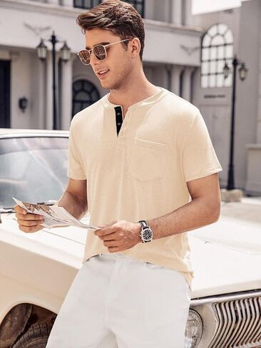 قمصان Henley الرجالية من Hardaddy بأكمام قصيرة كاجوال وأزرار وجيب أساسي in Kuwait