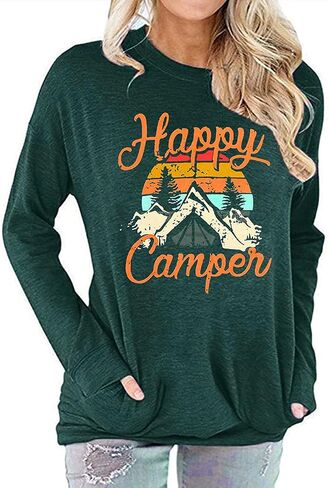 Women Happy Camper Hoodies Funny Letter Print Long Sleeve Sweater Landscape Graphic Causal Loose Sweatshirts with Pocket in Saudi Arabia