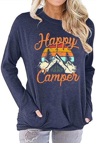 Women Happy Camper Hoodies Funny Letter Print Long Sleeve Sweater Landscape Graphic Causal Loose Sweatshirts with Pocket in Saudi Arabia