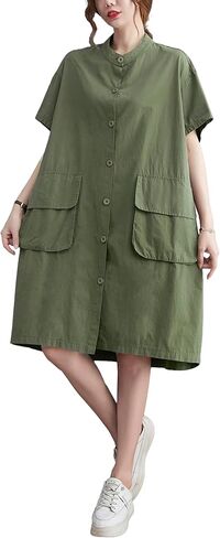 ellazhu Women's Dress Short Sleeve Button Down V-Neck Shirt Flowy Hem Pockets Spring Summer GA2744 in Kuwait