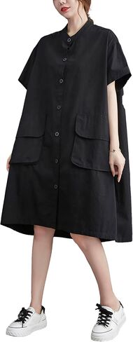 ellazhu Women's Dress Short Sleeve Button Down V-Neck Shirt Flowy Hem Pockets Spring Summer GA2744 in Kuwait