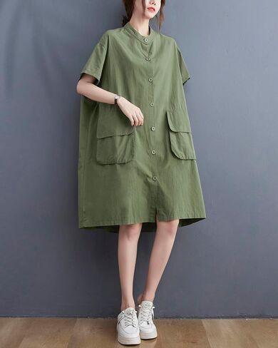 ellazhu Women's Dress Short Sleeve Button Down V-Neck Shirt Flowy Hem Pockets Spring Summer GA2744 in Kuwait