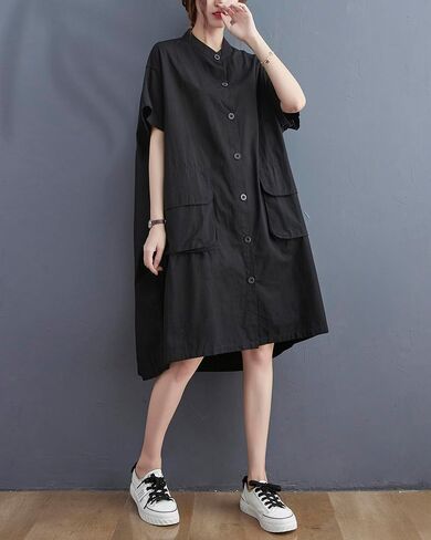 ellazhu Women's Dress Short Sleeve Button Down V-Neck Shirt Flowy Hem Pockets Spring Summer GA2744 in Kuwait