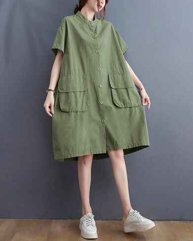ellazhu Women's Dress Short Sleeve Button Down V-Neck Shirt Flowy Hem Pockets Spring Summer GA2744 in Kuwait