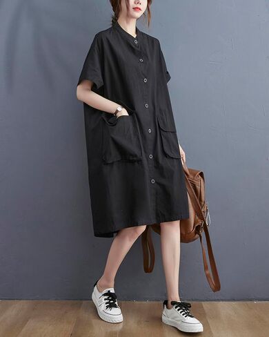 ellazhu Women's Dress Short Sleeve Button Down V-Neck Shirt Flowy Hem Pockets Spring Summer GA2744 in Kuwait