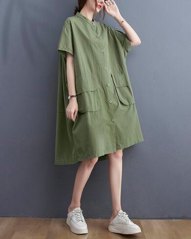 ellazhu Women's Dress Short Sleeve Button Down V-Neck Shirt Flowy Hem Pockets Spring Summer GA2744 in Kuwait