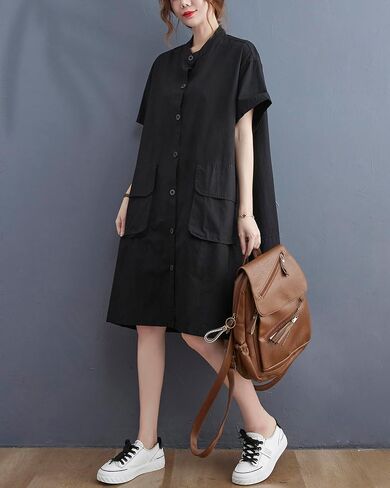 ellazhu Women's Dress Short Sleeve Button Down V-Neck Shirt Flowy Hem Pockets Spring Summer GA2744 in Kuwait