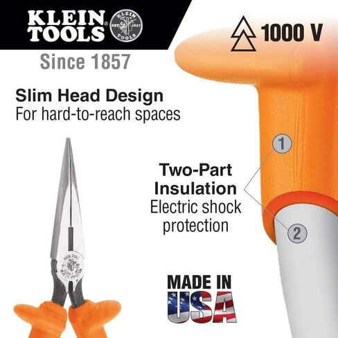 Klein Tools 2038EINS Long Nose Side Cutter Insulated Pliers with Slim Induction Hardened Cutting Knives for Long Life, 8-Inch in Kuwait