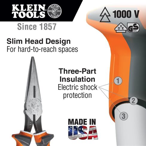 Klein Tools 2038EINS Long Nose Side Cutter Insulated Pliers with Slim Induction Hardened Cutting Knives for Long Life, 8-Inch in Kuwait