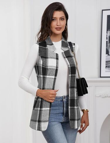 IDEALSANXUN Wool Plaid Vest for Women Fall Winter Coat Sleeveless Blazer Jackets Casual Outwear Open Front Cardigan Top in Kuwait
