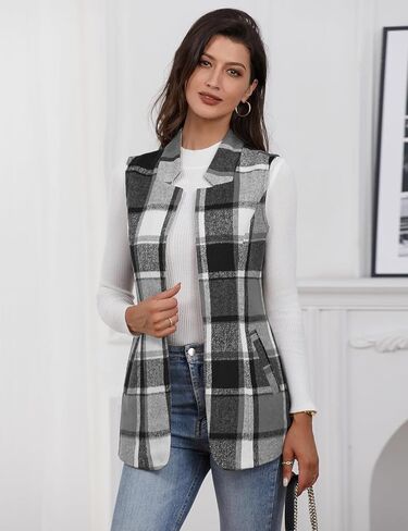 IDEALSANXUN Wool Plaid Vest for Women Fall Winter Coat Sleeveless Blazer Jackets Casual Outwear Open Front Cardigan Top in Kuwait