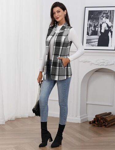IDEALSANXUN Wool Plaid Vest for Women Fall Winter Coat Sleeveless Blazer Jackets Casual Outwear Open Front Cardigan Top in Kuwait