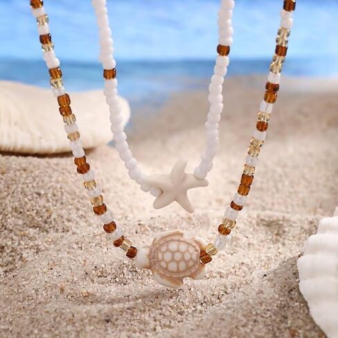 Todu Boho Seashell Beach Ocean Layered Necklace Summer Starfish Turtle Conch Shell Beachy Colorful Beaded Choker Necklace For Women Girls Jewelry Gift in Kuwait