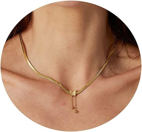 LEXODY 14K Gold Multi-layer Snake Chain Necklace Set Double Layer Snake Filled Herringbone Choker Necklace for Women in Saudi Arabia