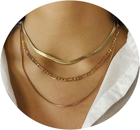 LEXODY 14K Gold Multi-layer Snake Chain Necklace Set Double Layer Snake Filled Herringbone Choker Necklace for Women in Saudi Arabia