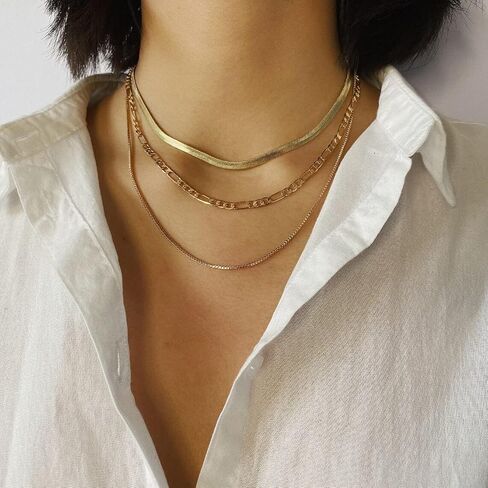 LEXODY 14K Gold Multi-layer Snake Chain Necklace Set Double Layer Snake Filled Herringbone Choker Necklace for Women in Saudi Arabia