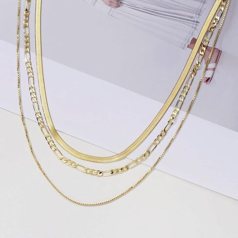 LEXODY 14K Gold Multi-layer Snake Chain Necklace Set Double Layer Snake Filled Herringbone Choker Necklace for Women in Saudi Arabia