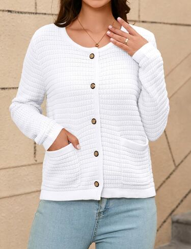 Women's Button Down Cardigan Sweater Chunky Open Front Crew Neck Causal Long Sleeve Knit Outwear with Pockets in Kuwait