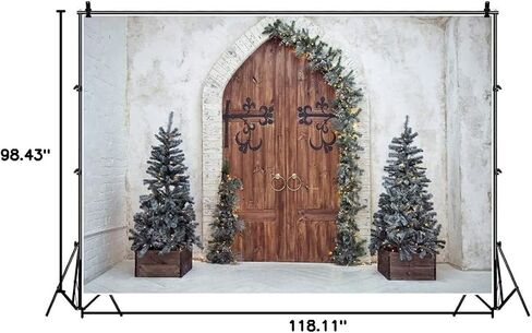 Laeacco Christmas Theme Backdrop 10x8ft Vintage Arch Wooden Door Front Xmas Trees Plain Lime Wall Photography Background Xmas Party Banner Winter Theme Wedding Child Kids Baby Portrait Shoot Wallpaper in Kuwait