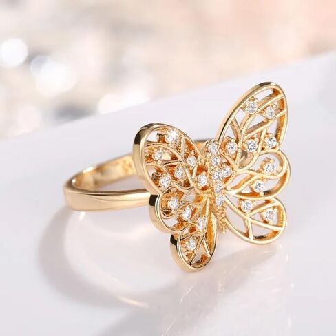 Fashion Butterfly Ring for Women Gold Plated Round Cubic Zirconia Wedding Ring Jewelry Sparkling Art Cocktail Statement Ring(8) in Kuwait