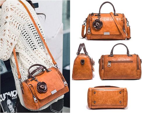 Mn&Sue Women's Cylindrical Doctor Style Handbag - Chic PU Leather Top Handle Satchel, Crossbody Purse for Ladies in Kuwait