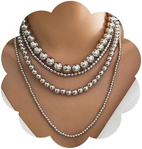 Jumwrit Dainty Layered Ball Beaded Choker Necklace Boho Chunky Bib Chain Necklace Punk Statement 4 Tier Long Pendant Necklace Accessories for Women Girls in Kuwait