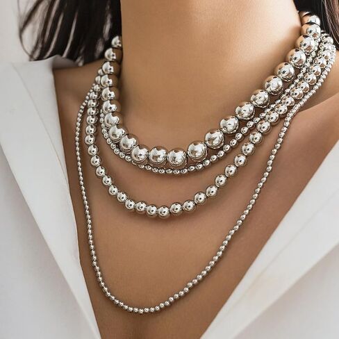 Jumwrit Dainty Layered Ball Beaded Choker Necklace Boho Chunky Bib Chain Necklace Punk Statement 4 Tier Long Pendant Necklace Accessories for Women Girls in Kuwait