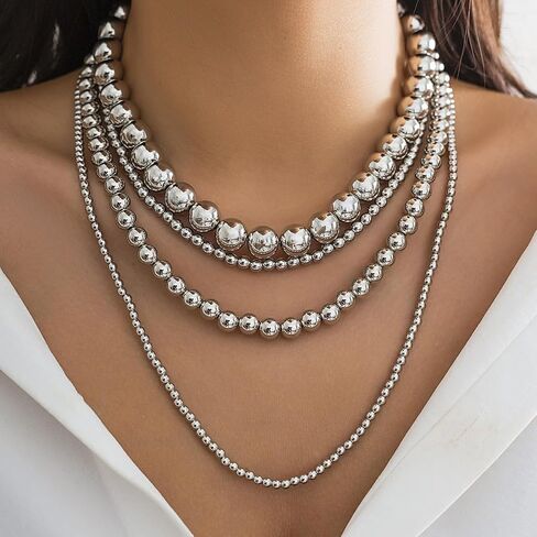 Jumwrit Dainty Layered Ball Beaded Choker Necklace Boho Chunky Bib Chain Necklace Punk Statement 4 Tier Long Pendant Necklace Accessories for Women Girls in Kuwait