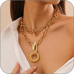 CJIAYUJEW Gold Layered Necklaces for Women Chunky Chain Necklace OT Toggle Clasp Necklaces Stackable Thick Choker Necklaces Trendy Paperclip Pendant Necklaces for Women