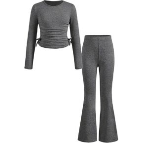 Floerns Girl's Two Piece Outfit Bowknot Knit Tee Shirt with Flare Leg Pants Set in Kuwait