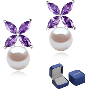Sterling Silver Pearl Earrings for Women, Marquise Cubic Zirconia Clover Stud Earrings 18K White Gold Plated, 8.5MM Freshwater Cultured Pearls Jewelry Gifts Hypoallergenic