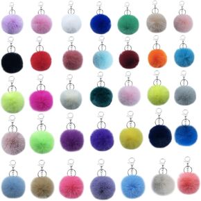Unpafcxddyig 35 Pieces Pom Pom Keychains Artificial Rabbit Fur Fluffy Ball Pompoms Keyring for Women Bag Accessories