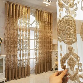 European Golden Flower Embroidery Sheer Curtains Villa Luxury Grommet Top Voile Drape for Living Room Curtain Panel Tulle Home Decor 52 inch Wide by 96 inch Long 1 Set of 2 Panels