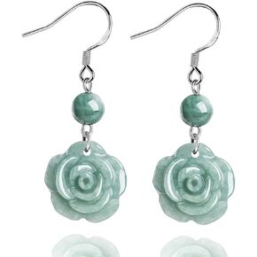 Hand-carved Rose Flower Jade Dangle Earrings for Women, 925 Sterling Silver Earrings for Jewelry Gifts