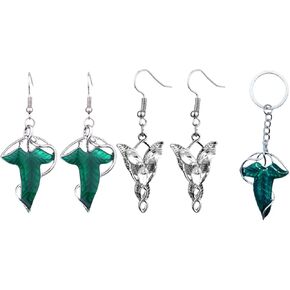 3 Pack Set Arwen Evenstar Dangle Earring Costume Jewelry Cz Elven Leaf Charm Aragorn Accessories Cosplay Drop Dangling Earring and keychain For Fans,Men Women