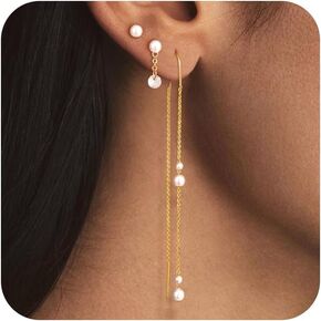 Gold Chain Earrings for Women: Dainty Stud Hoop Dangle Earrings Set 14K Gold Plated Pearl CZ Threader Earrings Hypoallergenic Cuff Chain Earrings for Multiple Piercing Trendy Gold Jewelry