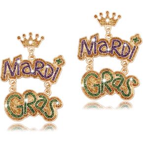 Mardi Gras Earrings for Women Glitter Bow Heart Crown Mardi Gras Letter Dangling Earrings Fat Tuesday Carnival Parade Earring Jewelry Gifts