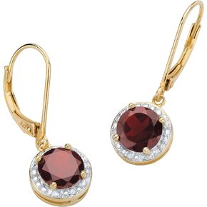 PalmBeach Yellow Gold-Plated Sterling Silver Round Genuine Red Garnet and Diamond Accent Halo Drop Earrings (28x10mm)