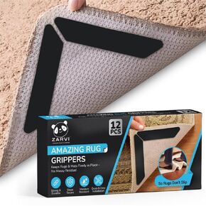 Premium12 Pcs Double Sided Non-Slip Rug Pads for Hardwood and Tiles Floor, Reusable Carpet Tape, Rug Stoppers to Prevent Sliding, Rug Grippers (Black)