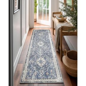 Boho Runner Rug Washable Hallway Kitchen Runner Rug Non Slip Soft Entryway Bedroom Area Rugs Blue Vintage Oriental Print Boho Rugs for Living Room (Blue, 2.5'x8')