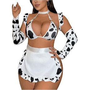 MakeMeChic Women's Plus Size 6 Piece Costume Sets Cow Print Cut Out Tie Back Lingerie Set