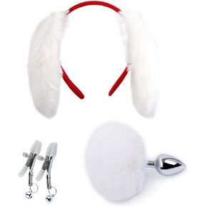 Faux Fur Fox Costume Animal Pink Short Tail Set Butt Plugs Necklace Choker Sex Dice Nipple Clamp Body Jewelry Furry Ear Headband