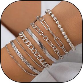 14k Gold Dainty Bracelets Set for Women Boho Layered Trendy Thin Chain Bracelets Pack Stackable Cuban Link Paperclip Chain Jewelry Gift