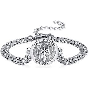 KINGWHYTE St Michael/St Christopher Bracelet Sterling Silver Men Adjustable Bracelet Religious Protection Jewelry Amulet Gift for Men Women with 7+2 Inch Stainless Steel Chain