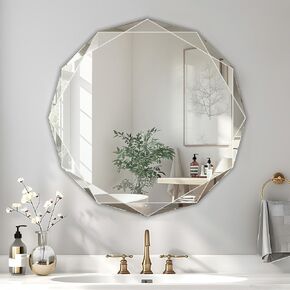Bathroom Mirror for Wall, 20" x 20" Circle Mirror, Bathroom Vanity Mirror, Beveled Edge Frameless Wall Mount Vanity Mirror, Wall Mirror Decorative, Round Mirror, Irregular Beveled Edge Mirror